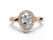 Halo Engagement Ring Setting for Pear-Shaped Center with Pave and Plain Twist Band and Prong Head in Rose Gold