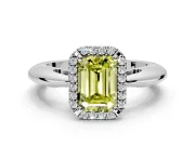 Halo Engagement Ring Setting for Fancy Yellow Emerald Cut Center with Tapered Plain Band and Prong Head in Platinum