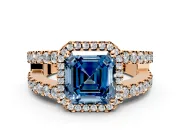 Halo Engagement Ring Setting for Fancy Blue Asscher Cut Center with Wide-Open Pave Split Shank and Prong Head in Rose Gold