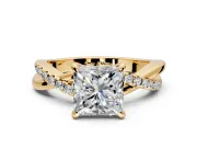 Solitaire Engagement Ring Setting for Princess Cut Center with Half-Pave Crossover Band and Prong Head in Yellow Gold