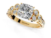 Cluster Engagement Ring Setting for Cushion Cut Center with Bezel Accent Clusters and Prong Head in Yellow Gold