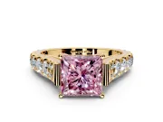 Solitaire Engagement Ring Setting for Fancy Pink Princess Cut Center with Pave Cathedral Shoulders and Prong Head in Yellow Gold