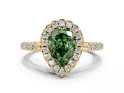 Pave Halo Engagement Ring Setting for Fancy Green Pear-Shaped Center with Single Row Pave Band and Prong Head in Yellow Gold