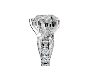 3 Stone Engagement Ring Setting for Heart-Shaped Center with Crossover Basket, Pave Band and Prong Head in Platinum