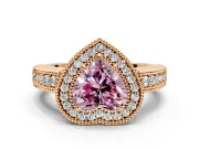 Milgrain Halo Engagement Ring Setting for Fancy Pink Heart-Shaped Center with Pave Band and Prong Head in Rose Gold