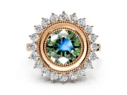 Halo Engagement Ring Setting for Fancy Green Round Cut Center with Milgrain Bezel Rim, Plain Band and Prong Head in Rose Gold