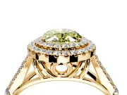 Double Halo Engagement Ring Setting for Fancy Yellow Oval Center with Narrow Pave Split Shank and Prong Head in Yellow Gold