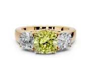 3 Stone Engagement Ring Setting for Fancy Yellow Cushion Cut Center with Raised Basket Heads and Prong Head in Yellow Gold