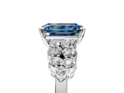 Cluster Engagement Ring Setting for Fancy Blue Emerald Cut Center with 2-Row Shoulder Clusters and Prong Head in Sterling Silver
