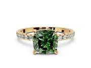 Solitaire Engagement Ring Setting for Fancy Green Cushion Cut Center with Fine Pave Narrow Band and Prong Head in Yellow Gold