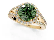 Halo Engagement Ring Setting for Fancy Green Round Cut Center with Pave Split Shank and Prong Head in Yellow Gold