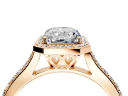 Halo Engagement Ring Setting for Radiant Cut Center with Pave Accents, Heart Basket and Prong Head in Rose Gold