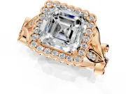Halo Engagement Ring Setting for Asscher Cut Center with Leaf Motif Split Shank and Prong Head in Rose Gold