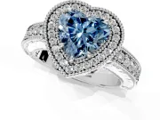 Milgrain Halo Engagement Ring Setting for Fancy Blue Heart-Shaped Center with Pave Band and Prong Head in Platinum