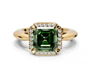 Halo Engagement Ring Setting for Fancy Green Asscher Cut Center with Tapered Plain Band and Prong Head in Yellow Gold
