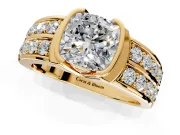 Bezel Engagement Ring Setting for Cushion Cut Center with Wide Channel-Set Band and Bezel Head in Yellow Gold