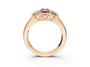 3 Stone Engagement Ring Setting for Fancy Pink Emerald Cut Center with Raised Basket Heads and Prong Head in Rose Gold