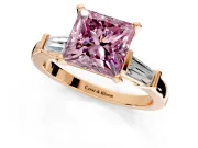 3 Stone Engagement Ring Setting for Fancy Pink Princess Cut Center with Channel Baguette Accents and Prong Head in Rose Gold