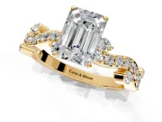 Solitaire Engagement Ring Setting for Emerald Cut Center with Bar-Station Pave Twist and Prong Head in Yellow Gold