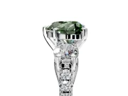 3 Stone Engagement Ring Setting for Fancy Green Heart-Shaped Center with Crossover Basket, Pave Band and Prong Head in White Gold