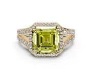 Halo Engagement Ring Setting for Fancy Yellow Asscher Cut Center with Narrow Pave Split Shank and Prong Head in Yellow Gold
