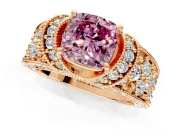 Pave Engagement Ring Setting for Fancy Pink Cushion Cut Center with Curved Accent Rows, Openwork and Prong Head in Rose Gold
