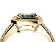 Milgrain Halo Engagement Ring Setting for Fancy Green Asscher Cut Center with Three-Sided Pave Band and Prong Head in Yellow Gold