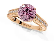 Solitaire Engagement Ring Setting for Fancy Pink Round Cut Center with Engraved Pave Band and Prong Head in Rose Gold