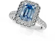 Milgrain Floral Halo Engagement Ring Setting for Fancy Blue Emerald Cut Center with Pave Band and Prong Head in White Gold
