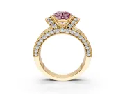 Pave Engagement Ring Setting for Fancy Pink Round Cut Center with Curved Accent Rows, Openwork and Prong Head in Yellow Gold