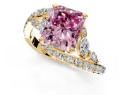 Solitaire Engagement Ring Setting for Fancy Pink Radiant Cut Center with Pave Bypass Twist Band and Prong Head in Yellow Gold