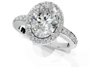 Halo Engagement Ring Setting for Oval Center with Heart-Shaped Openwork, Pave Band and Prong Head in White Gold