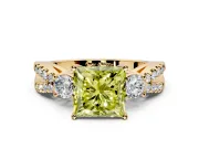 3 Stone Engagement Ring Setting for Fancy Yellow Princess Cut Center with Pave Split Shank and Prong Head in Yellow Gold