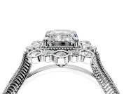 Milgrain Halo Engagement Ring Setting for Emerald Cut Center with Bezel Point Accents and Prong Head in Sterling Silver