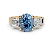 3 Stone Engagement Ring Setting for Fancy Blue Oval Center with Matching Side Accents and Prong Head in Yellow Gold