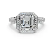 Milgrain Halo Engagement Ring Setting for Asscher Cut Center with Three-Sided Pave Band and Prong Head in White Gold