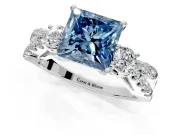 3 Stone Engagement Ring Setting for Fancy Blue Princess Cut Center with Pave Split Shank and Prong Head in Sterling Silver