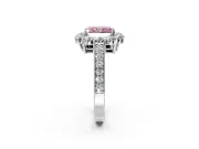 Halo Engagement Ring Setting for Fancy Pink Radiant Cut Center with Milgrain Channel Band and Prong Head in Sterling Silver