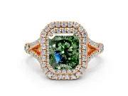 Double Halo Engagement Ring Setting for Fancy Green Radiant Cut Center with Narrow Pave Split Shank and Prong Head in Rose Gold