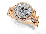 Halo Engagement Ring Setting for Round Cut Center with Leaf Motif Split Shank and Prong Head in Rose Gold