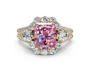 Halo Engagement Ring Setting for Fancy Pink Radiant Cut Center with Two-Strand Split Shank and Prong Head in Yellow Gold