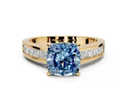 Solitaire Engagement Ring Setting for Fancy Blue Cushion Cut Center with Princess Cut Channel Band and Prong Head in Yellow Gold