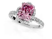 Halo Engagement Ring Setting for Fancy Pink Radiant Cut Center with Openwork Halo, Pave Band and Prong Head in Platinum