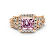 Bypass Halo Engagement Ring Setting for Fancy Pink Princess Cut Center with Bezel Accents, Milgrain and Prong Head in Rose Gold