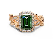 Halo Engagement Ring Setting for Fancy Green Emerald Cut Center with Leaf Motif Split Shank and Prong Head in Rose Gold