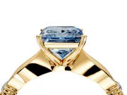 Solitaire Engagement Ring Setting for Fancy Blue Princess Cut Center with Carved Leaf Shoulders and Prong Head in Yellow Gold