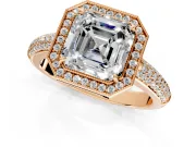 Milgrain Halo Engagement Ring Setting for Asscher Cut Center with Three-Sided Pave Band and Prong Head in Rose Gold
