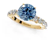 Shared-Prong Engagement Ring Setting for Fancy Blue Round Cut Center with Graduated Accents and Prong Head in Yellow Gold
