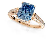 Cathedral Engagement Ring Setting for Fancy Blue Radiant Cut Center with Antique-Style Pave Band and Prong Head in Rose Gold
