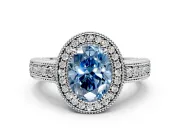 Milgrain Halo Engagement Ring Setting for Fancy Blue Oval Center with Pave Band and Prong Head in Platinum